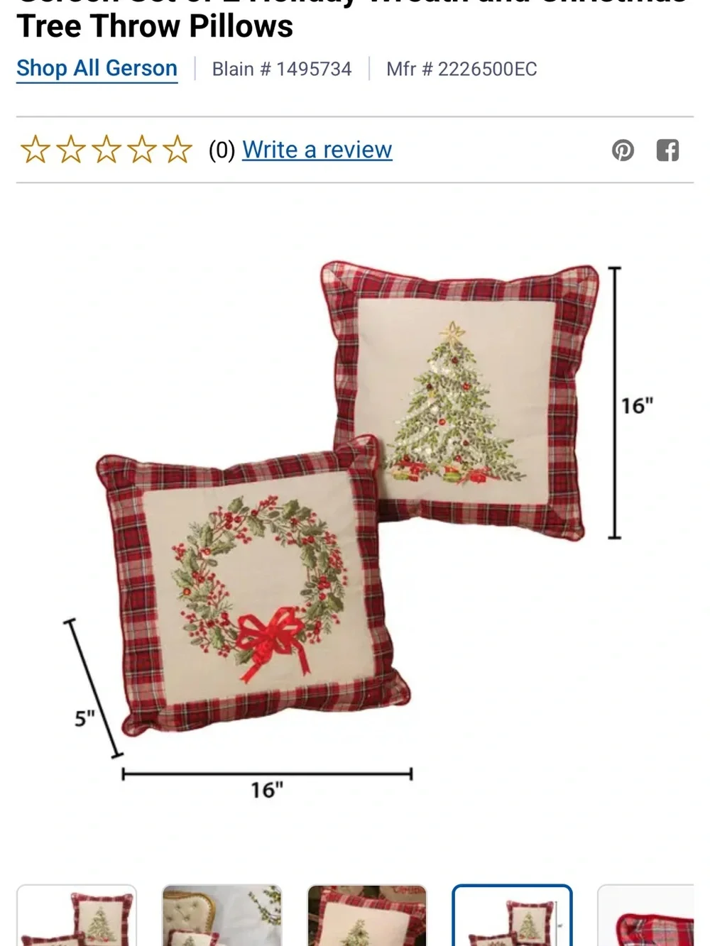 NWT Red Plaid Holiday Throw Pillow Set - Christmas Tree & Wreath